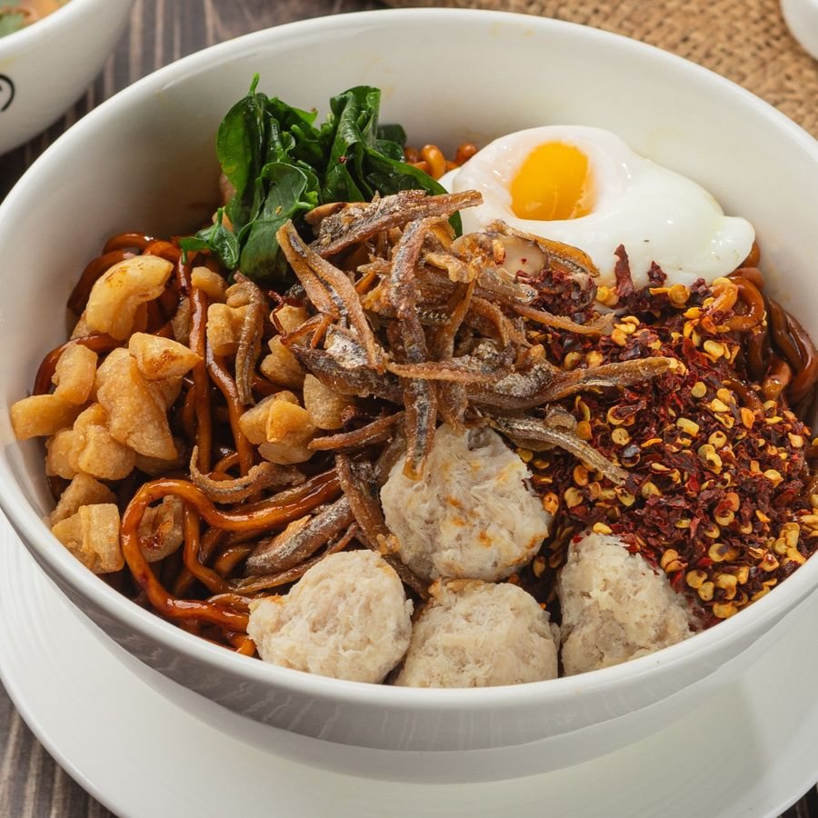 KL chilli ban mian with minced pork, egg, greens and crispy anchovies